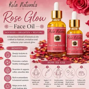 Kela Naturals Rose Glow Facial Oil - Rosehip, Jojoba & Argan Oil Hydrating Nourishing Brightening Serum for Dry Skin, Daily Skincare with Vitamin E for Glowing Skin