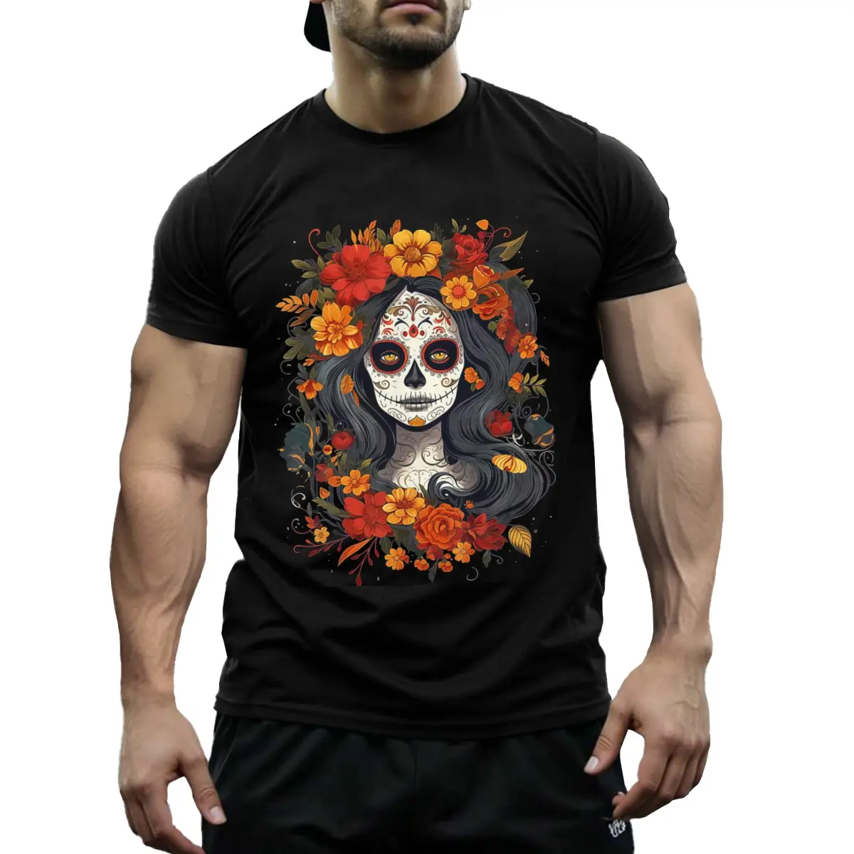 Men's Day of the Dead La Catrina Cotton Graphic Tee - Streetwear, Shortsleeve, Fashion Menswear, Soft Breathable Casual Top, Skeleton Art Sugar Skull Design for Daily Wear, Altar Festivals