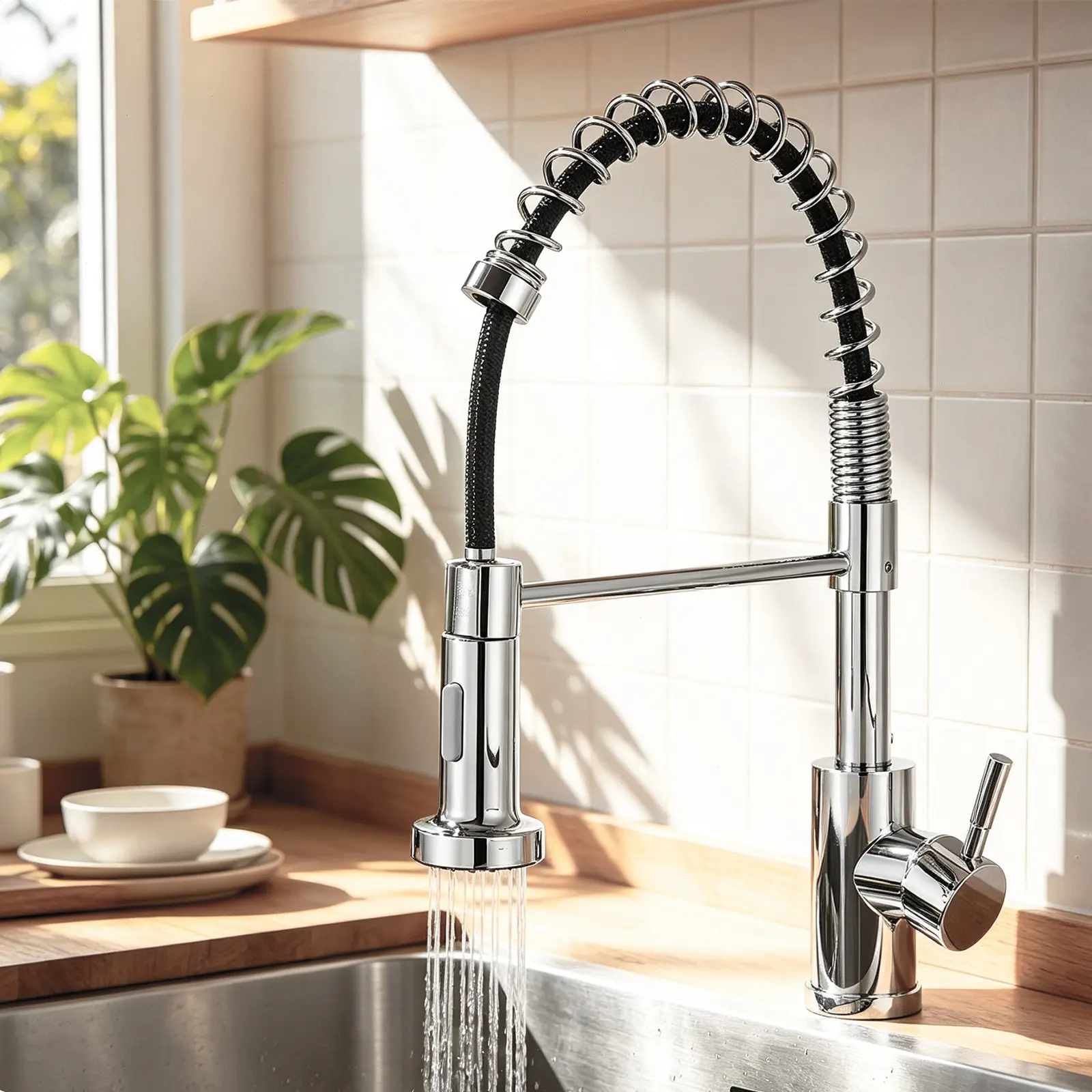 Commercial Spring Kitchen Faucet, Polished Chrome Single Handle Kitchen Sink Faucet with Pull Down Spray Head, High Arc 360° Swivel for Farmhouse & Utility Sink