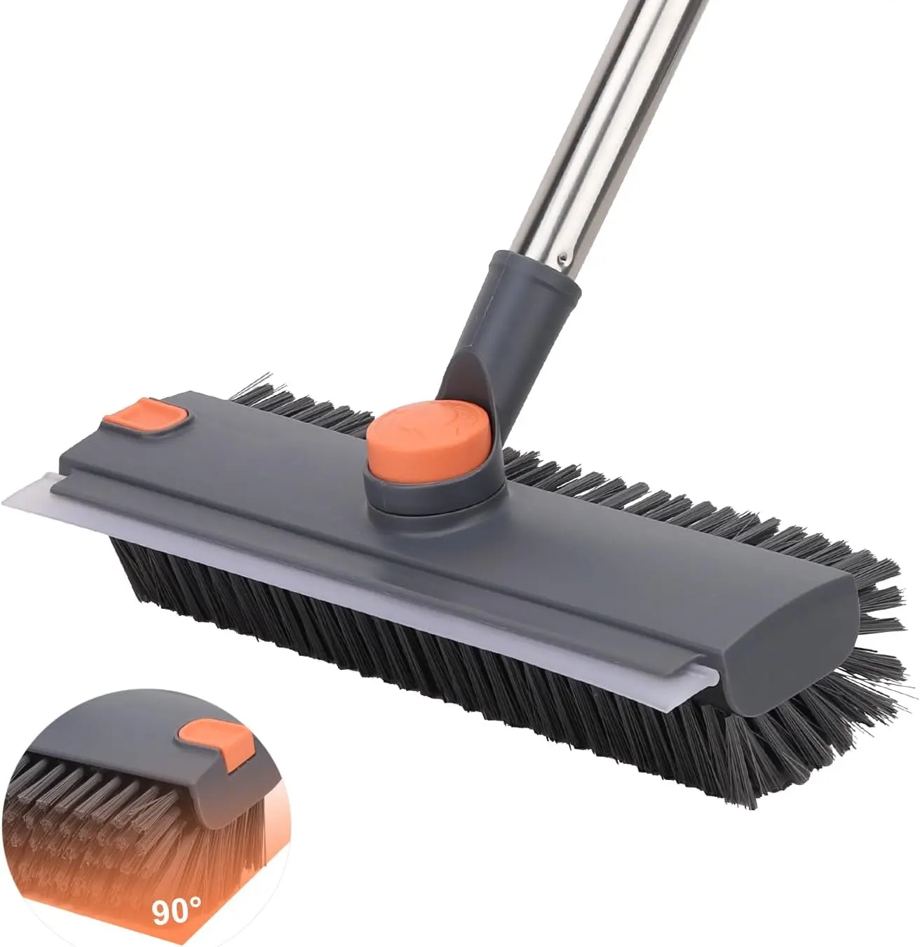 3 in 1 Sturdy Floor Scrub Brush with Squeegee & Tweezer - Telescopic Adjustable Long-Handled Cleaner Wand, Mechanical Multi-Purpose Scraper, 90° Stiff Bristle Tool for Kitchen, Shower, Concrete Home Cleaning