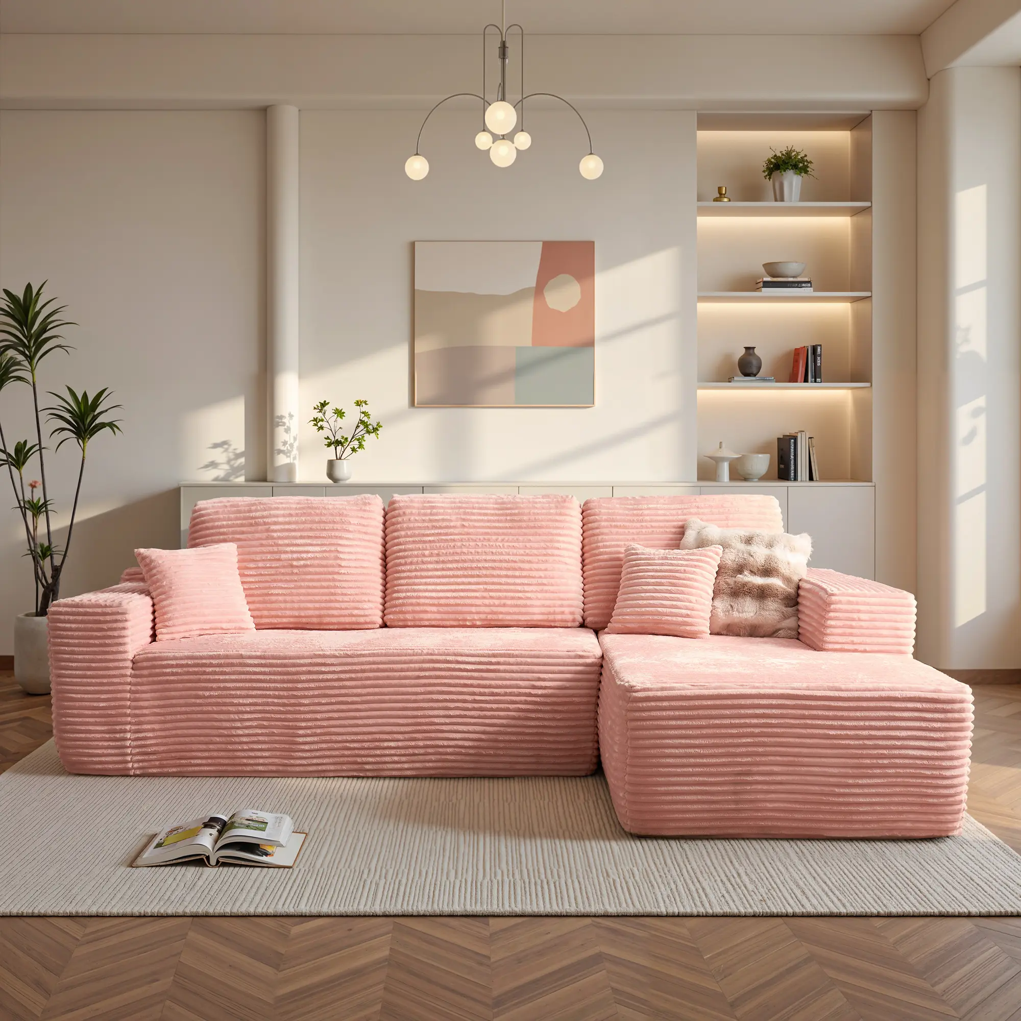 Pink Plush Corduroy Right Chaise| L-Shaped Sofa