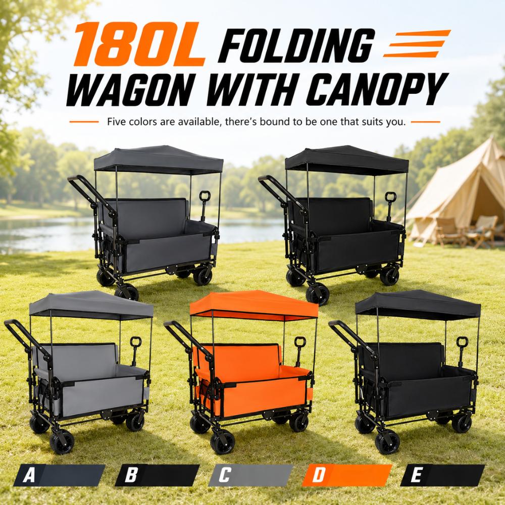 3-in-1 Collapsible Utility Wagon with 180L Capacity, Steel Frame, Bench Seat, Removable Canopy, Brake System, 500lbs Load, All-Terrain Wheels for Garden Camping-0028