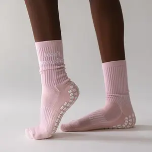 "I can't, I have Pilates" Grip Socks - Purple and Pink Crew Socks with Embroidery - Cute Grip Socks for Pilates, Barre, Lagree