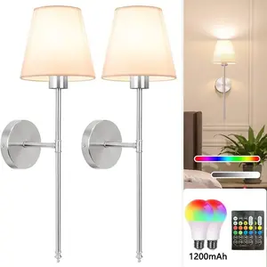 2-piece fabric charging wall lamp, black/gold/silver 48cm fabric wall lamp powered by 1200mAh battery, can be pasted and installed, RGB charging light bulb is detachable and suitable for bedrooms, living rooms, parties, and restaurants, USB Charging Lamp