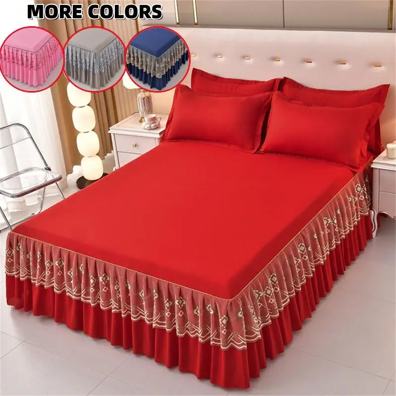 Solid Color Lace Edge Design Bed Skirt & Pillowcase Set (3 Counts/set), Elegant Style Bed Skirt & Pillowcase Set, Soft Comfy Bedding Set [without Fill
