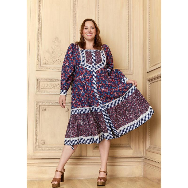 GUNNE SAX for ModCloth Veronica Midi Dress 100% Cotton Floral Print Long Sleeve Button Front (XS-4X)