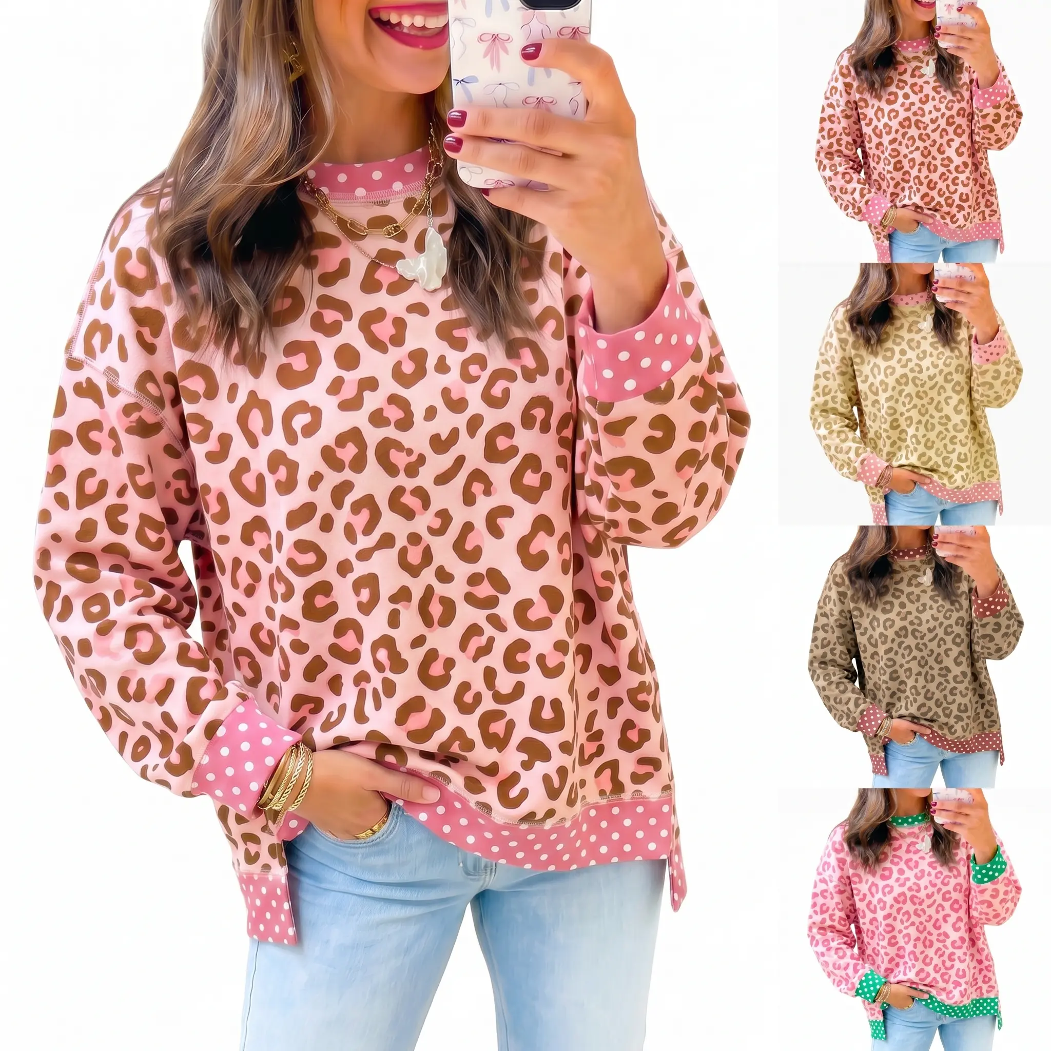 Women's Leopard Print Colorblock Polka Dot Long Sleeve 100% Polyester Drop Shoulder Relaxed Fit Casual Pullover Sweatshirts, Fall Fashion Tops for Women