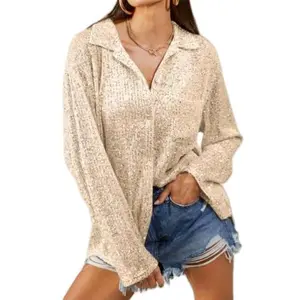 Sequin Button Front Shirt Women’s Dinner Blouse Silver Sequin Tops Sparkly Button Up Shirt Collared Long Sleeve Blouse   Glitter Lady Longsleeves Lady Longsleeves Womenswear Casual(Sheet)