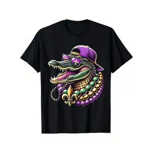 Mardi Gras Alligator & Fleur-de-Lis Graphic T-Shirt for Men & Women - Breathable Durable Fabric, Machine Washable All-Season Casual Tee, Mardi Gras Party Outfit Accessory (Costume or Casual