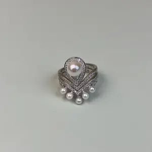 S925 akoya pearl double wear/Freshwater/White/ModernSmall/Vintage Pearl Ring