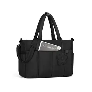 Women's Solid Color Quilted Tote Bag with Charm, 2025 New Style Lightweight Puffer Tote Bag with Shoulder Strap, Casual Travel Tote Bag for Work