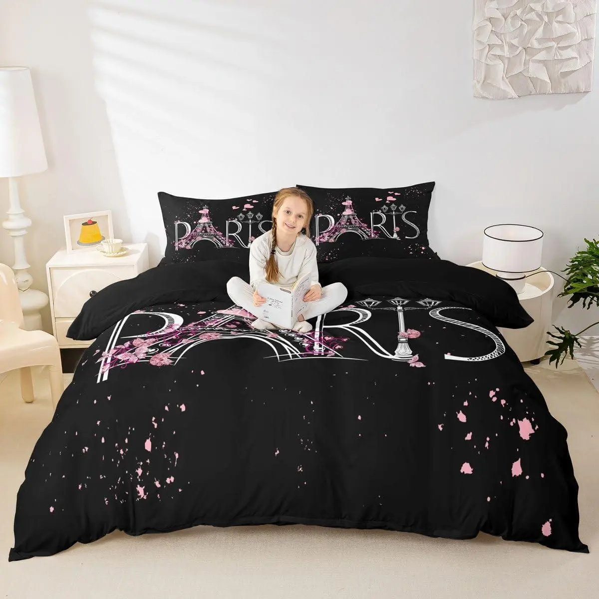 Paris Comforter Cover Set Eiffel Tower Bedding Set Black Pink Chic Paris Bedroom Decor Duvet Cover Women Romantic Modern French Bed (No Comforter)