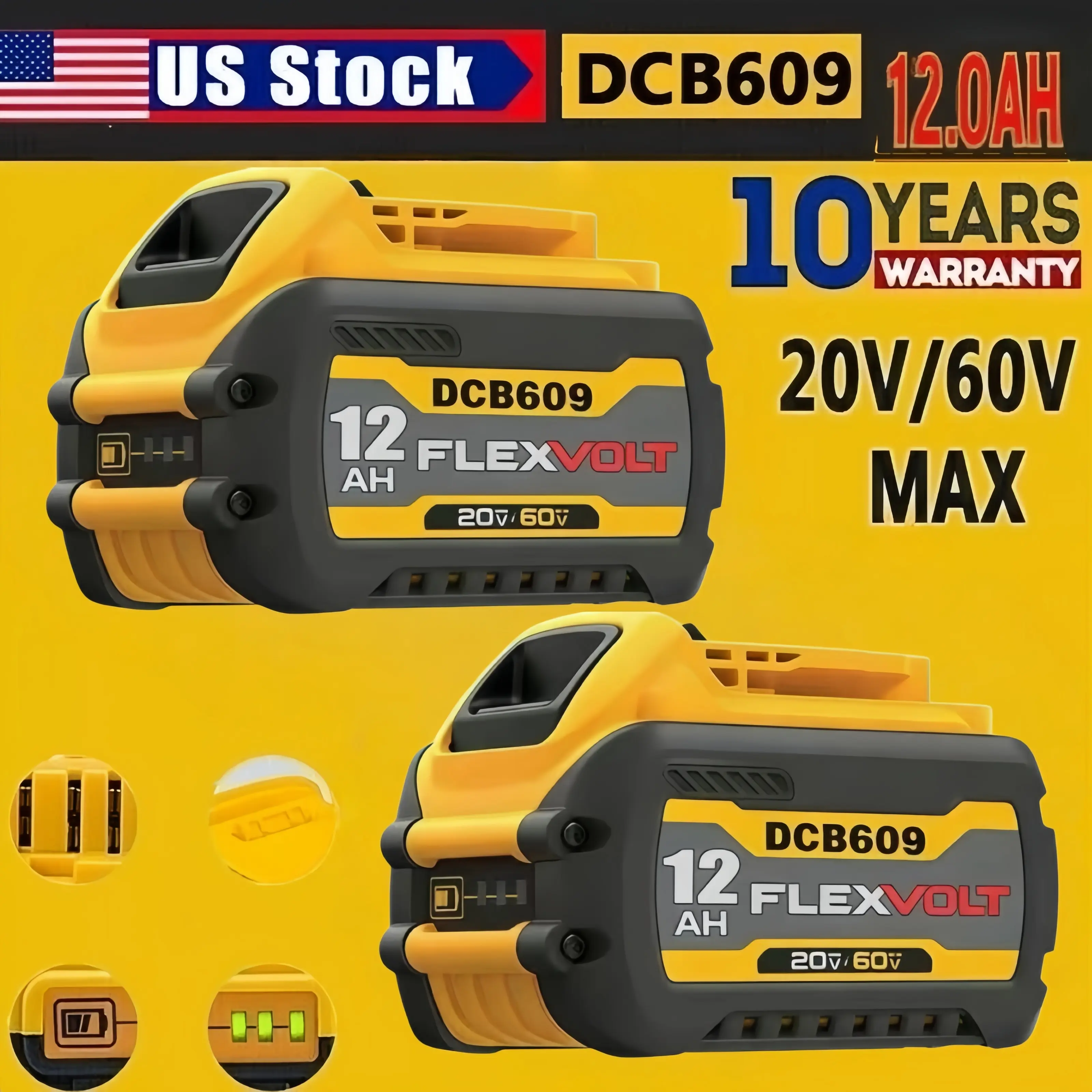 2Pack 12.0AH DCB609-2 For DEWALT DCB612 20V/60V MAX FLEXVOLT Lithium-Ion Battery