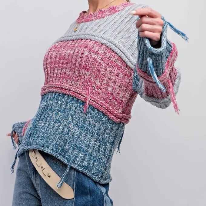Easel Color Block Sweater With Fringe - Knitwear for Women, Featuring Colorful Stripes and Fringe Detail - Womenswear  Size small medium and large Oversized fit  Comfy boho fun sweater