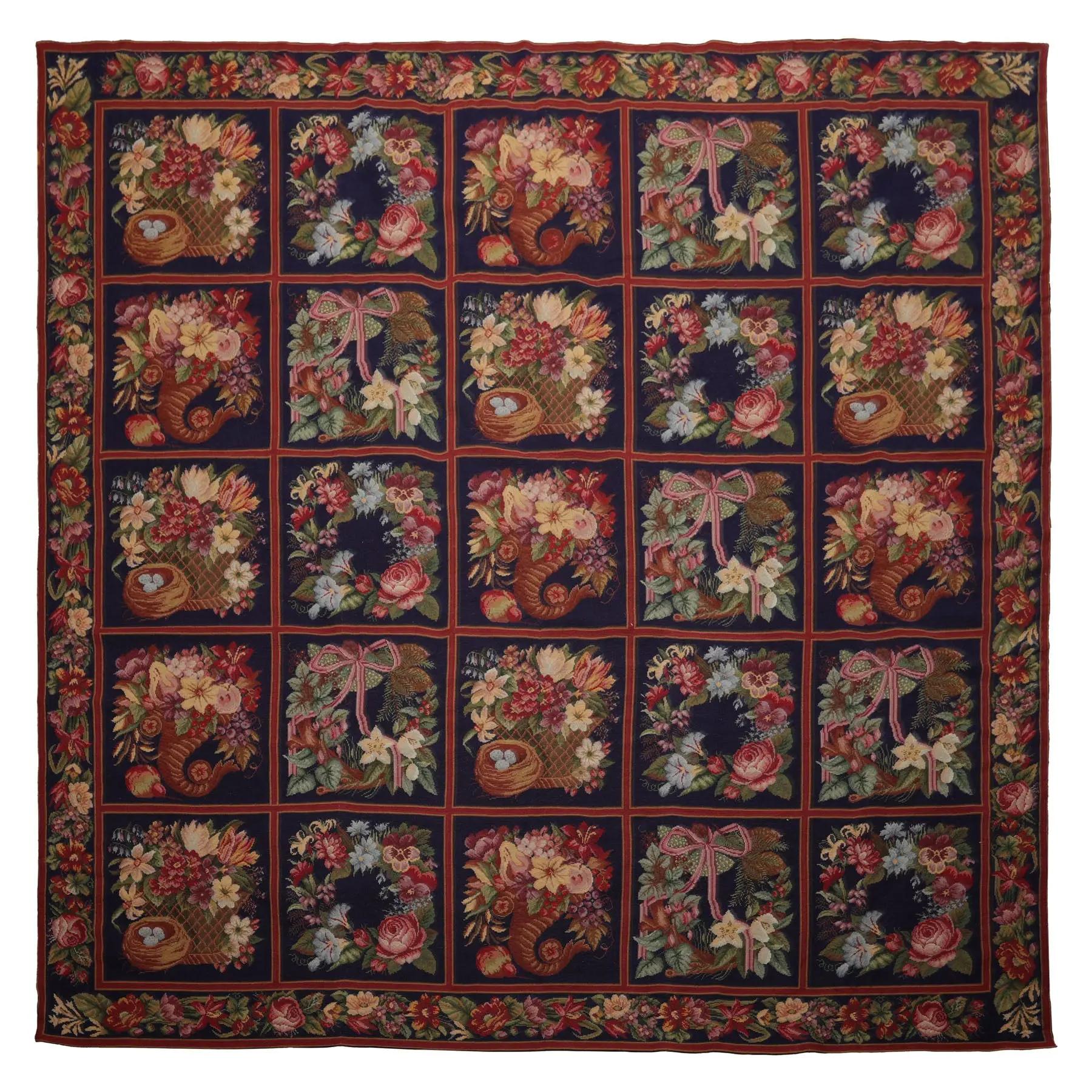 8'6''x8'6'' Square Hand Woven Wool Navy Aubusson Needlepoint Traditional Floral Rug