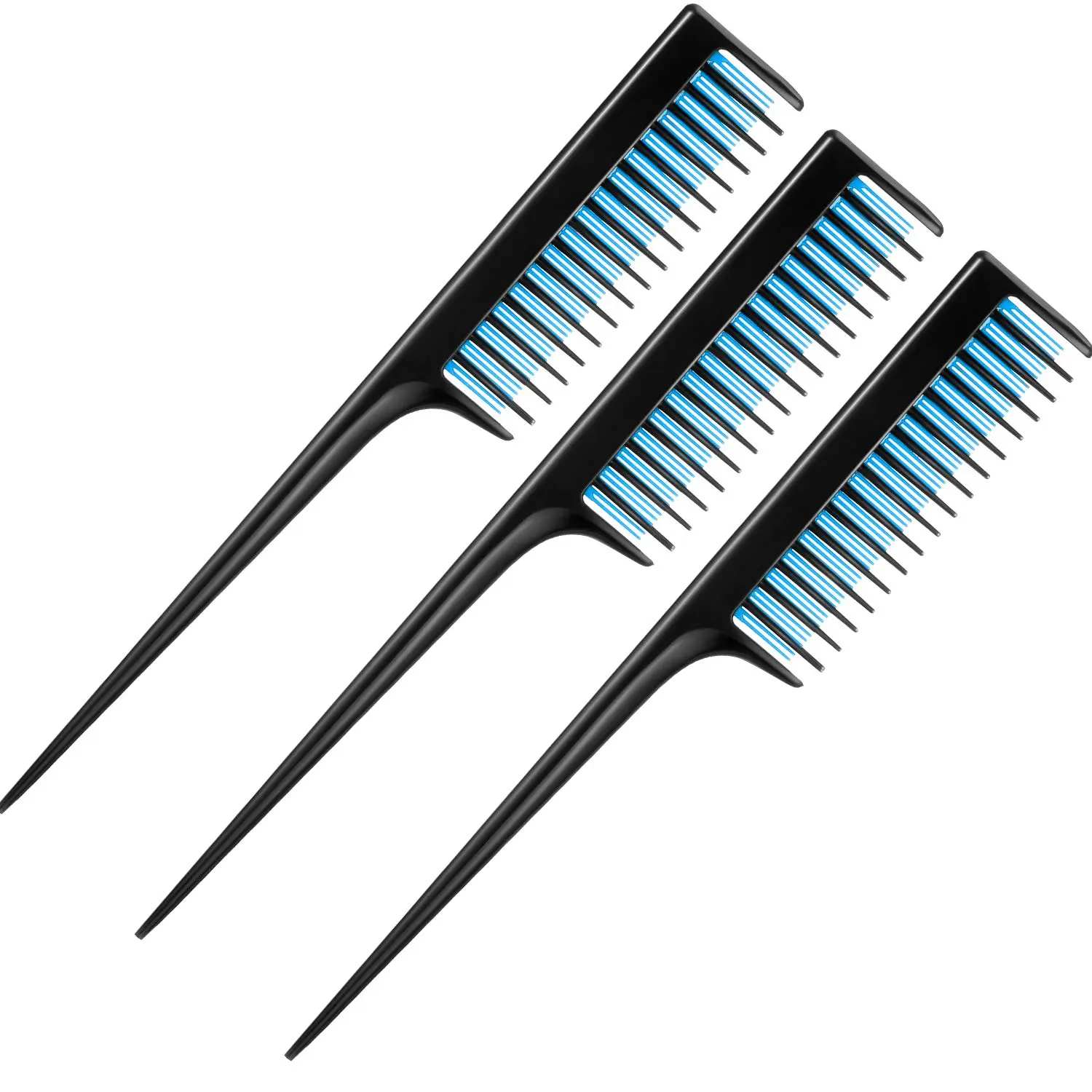 Women's 3-Pcs Sturdy Heat-Resistant Portable Solid Plastic Rat Tail Combs - 8x1.2 in Pintail Tool with Triple Row Teeth for Adult Hair Styling, Backcombing (Black and Blue) for Normal & Fine Hair