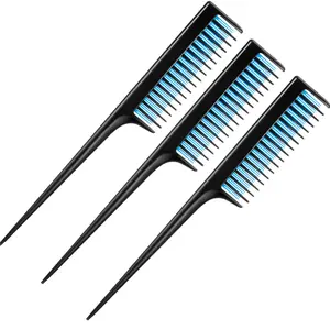3 Pcs Triple Teasing Comb for Women Plastic Rat Tail Comb Heat Resistant Pintail Tease Layer Tool for Thick Fine Hair Styling Backcombing Volume Structure(Black and Blue)