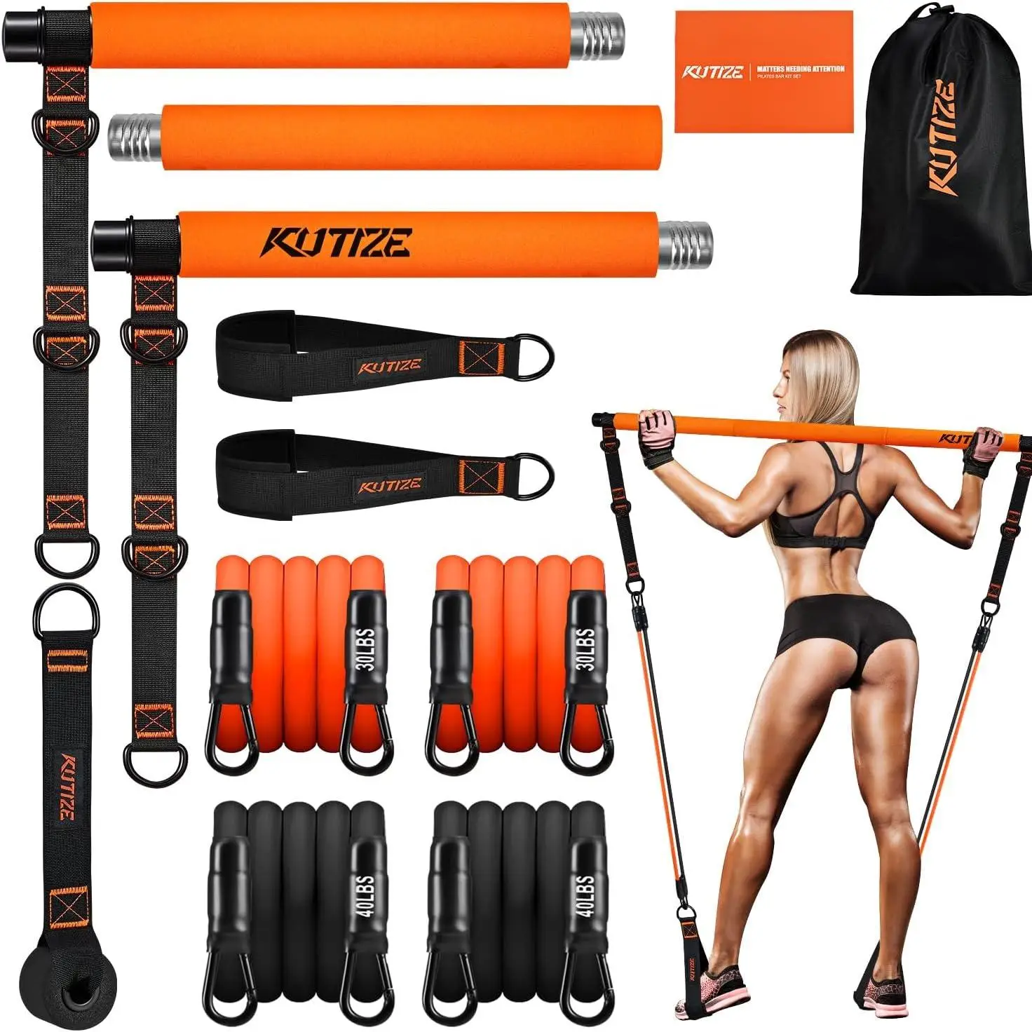 Pilates Bar Kit with Resistance Bands,3-Section Pilates Bar with Stackable Bands,workout sets women,Workout Equipment for Legs,Hip,Waist and Arm,Exerc
