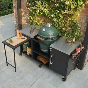 72.4" Large Grill Table for Large Big Green Egg, Metal Outdoor Grill Cart with Fold-out Prep Table, Adjustable Shelves, Spice Rack, Outdoor Kitchen Island for Big Green Egg, Kamado Joe Classic