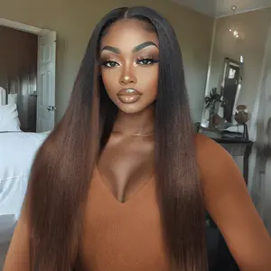 Sunber Bye Bye Knots 7x5 HD Pre Cut Lace Yaki Straight Bob Wig Chestnut Brown Ombre Human Hair Glueless Wig Pre Plucked Bleached Invisible Knots Natural Hairline 150% Density for Women SpringStatements