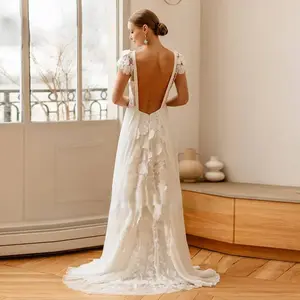 2025 New V-neck Embroidered Chiffon Wedding Dress Colored Decal Dew Back A-line Bridal Dress Customization