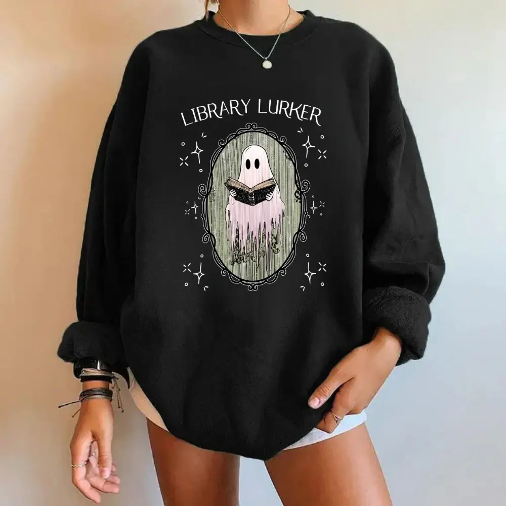 Ghost Reading Sweatshirt, Open Book Graphic Crewneck with Vintage Frame, Halloween Gift for Readers