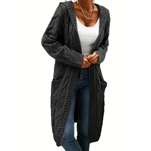 Women's Plus Size Long Sleeve Open Front Hooded Cardigan With Pockets, Solid Cable Casual