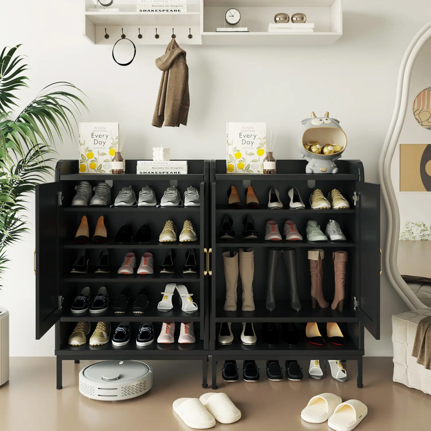 Shoe Cabinet With 2 Doors,5-Tier Farmhouse Shoe Cabinet with 3 Adjustable Shelves ,41.5" Tall Shoes Rack Organizer Cabinet for Entryway,Bedroom,living room Black Wooden