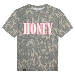 Pink HONEY Letter Washed Out Tee Mossy Oak Greenleaf, Mossy Oak Greenleaf Pink HONEY Printing Short Sleeve Shirt