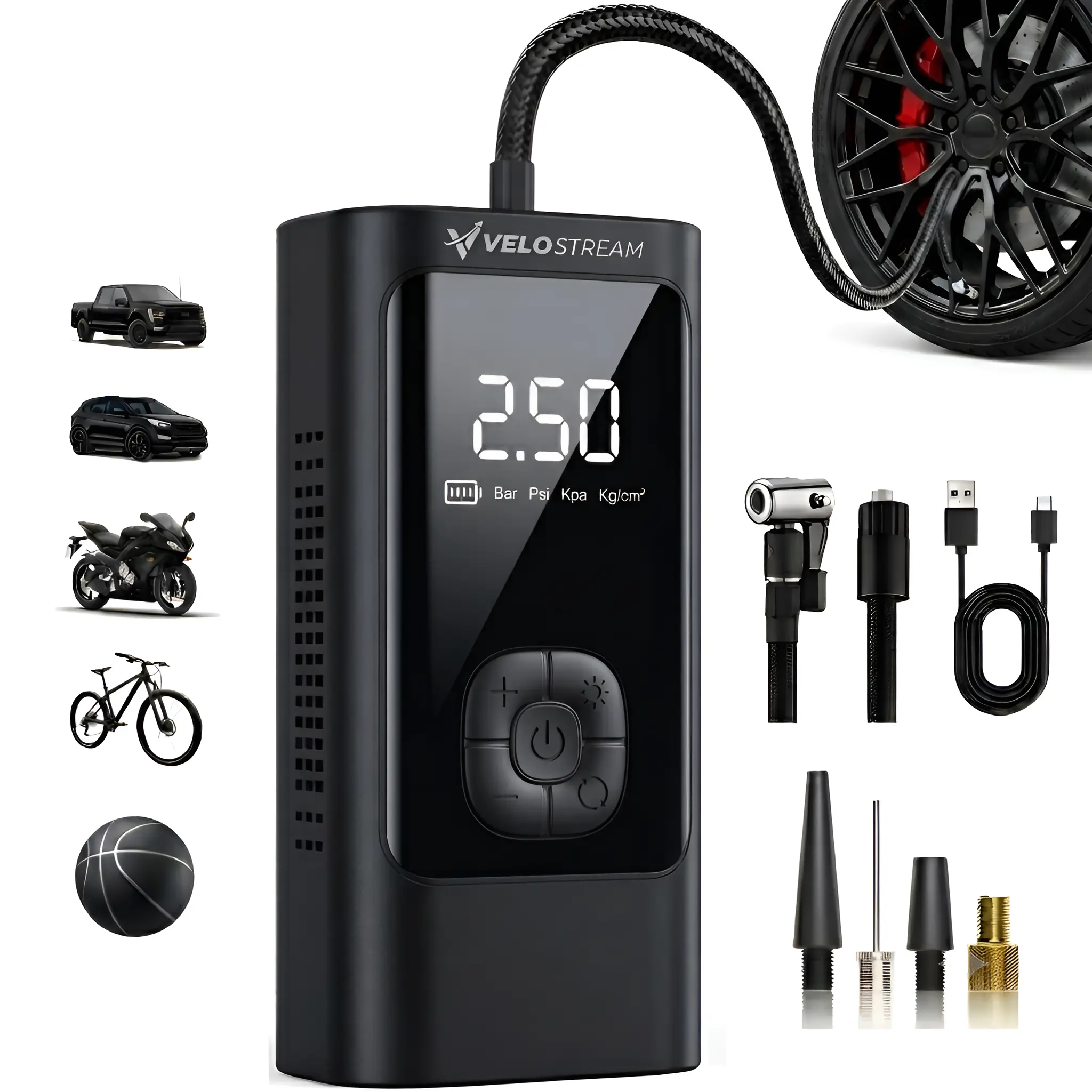 Velostream Portable Tire Inflator Air Compressor, 150 PSI Cordless Air Pump with Digital Display, 6000 mAh Battery, 24L/Min Fast Inflation, Auto Shut-Off, LED Light, for Car, Bike, Motorcycle, Balls