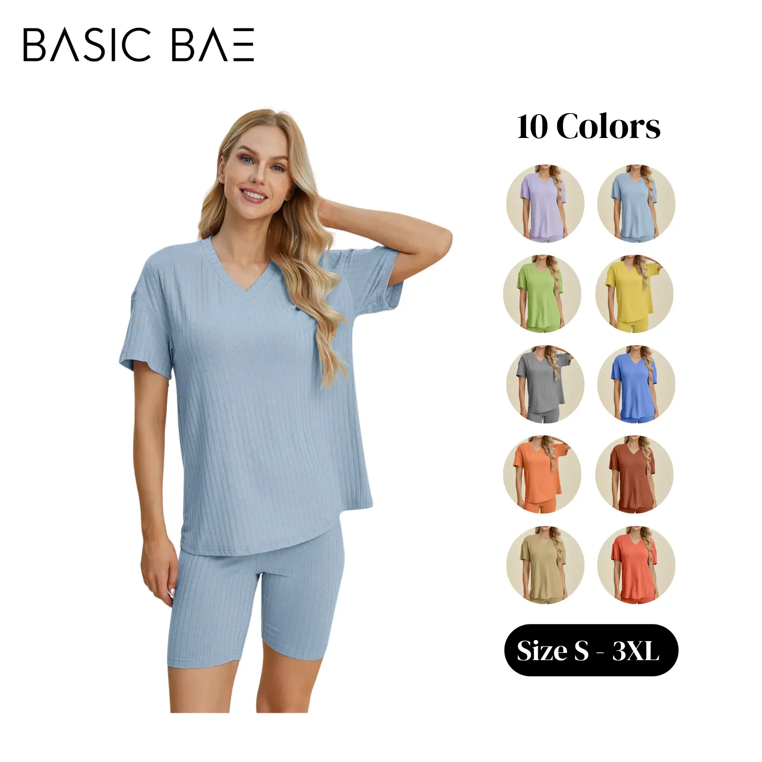 Basic Bae Full Size Ribbed V-Neck Short Sleeve Top and Shorts Set Spandex Stretchy Womenswear Overalls Style Suits Underwear Comfort Lady