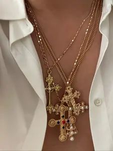 Men's Vintage Fashion Cross Pendant Necklace Set, Multilayer Necklace, Pearl & Rhinestone Inlay, Gothic Style Layered Design, Daily Wear Jewelry