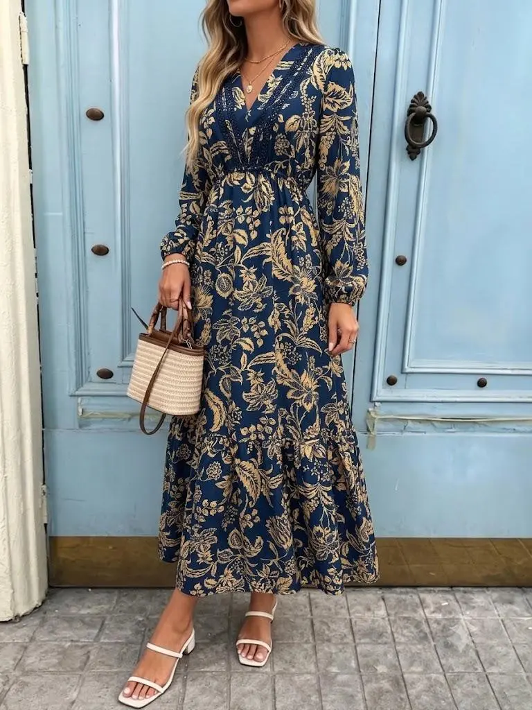 Retro floral V-neck long-sleeve maxi dress with a cinched waist, layered design, and flared skirt — vacation maxi dress; Melanie muumuu sundress; birthday dress; Maxi ES Maxi Birthday Womenswear Vneck Longsleeves