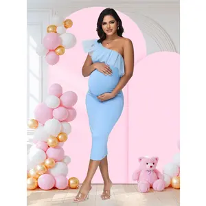 Women Elegant One Shoulder Mesh Bodycon Maternity Dress Pregnant Summer Dress for Baby Shower,Daily,Party