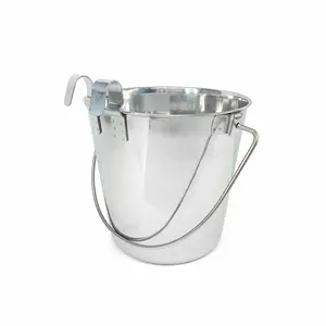 PetYupp Heavy-Duty Stainless Steel Flat Bucket with 2 Hooks - 4 Quart, Rust-Free & Eco-Friendly for Pet Care