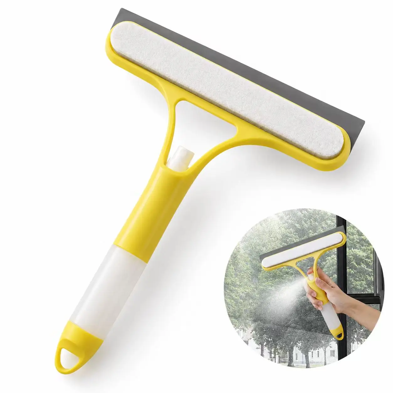 3-in-1 window cleaning tool with Spray, Window Squeegee and Scrubber for Home Windows, Bathroom Mirrors, Shower Glass and Car Windshields