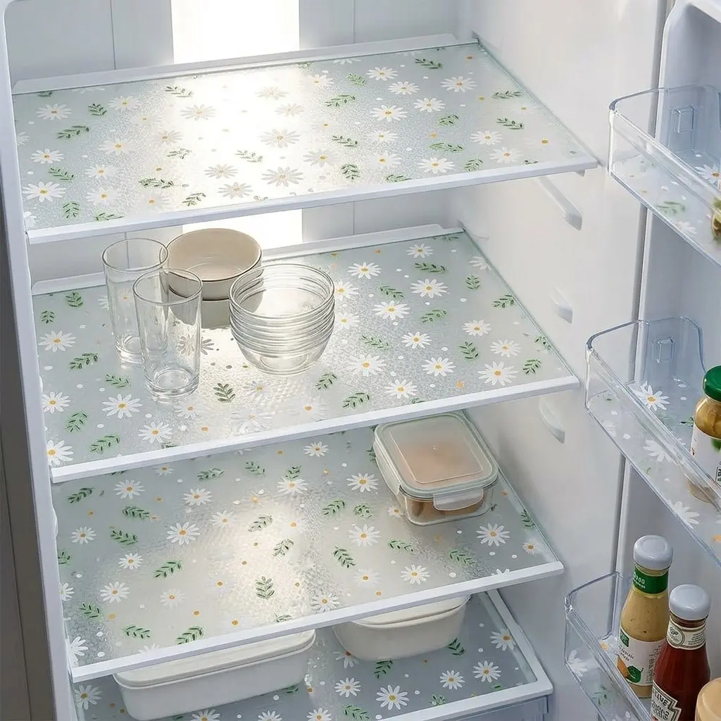4pcs/8pcs Waterproof Lightweight Refrigerator Pads, Small Daisy Green Grass Pattern, Moisture Resistant, Non Slip, Washable, Reusable, Eva Material