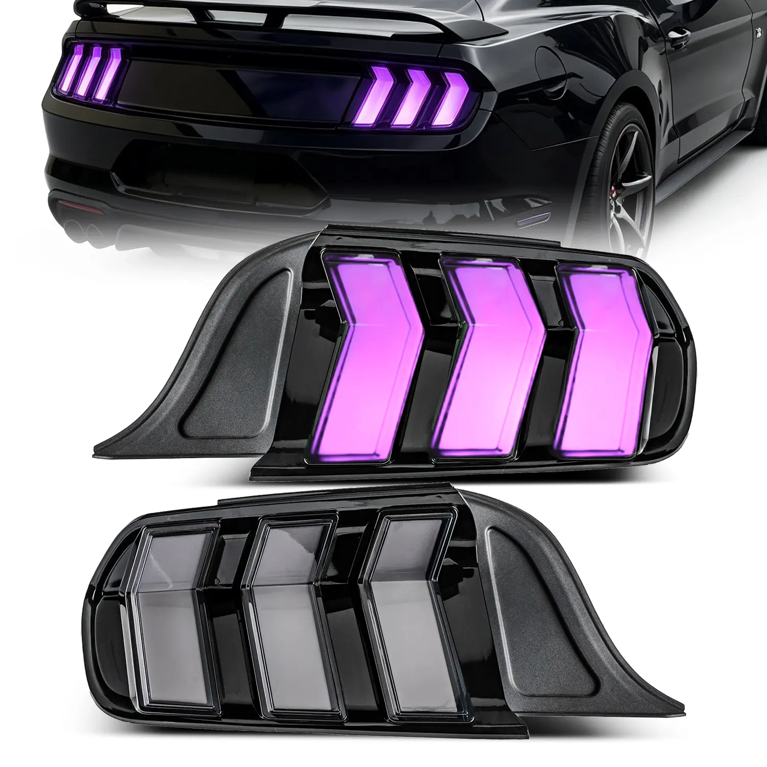 1 x Pair of RGB LED Rear Brake Lamps - Vehicle-Specific RGB Taillights for Ford Mustang 2015-2023, Shelby GT500 2020-2023, Durable IP67 Waterproof Polycarbonate Rear Lighting, Start-Up Animation, Sequential Flash Turn Signal, Plug-and-Play