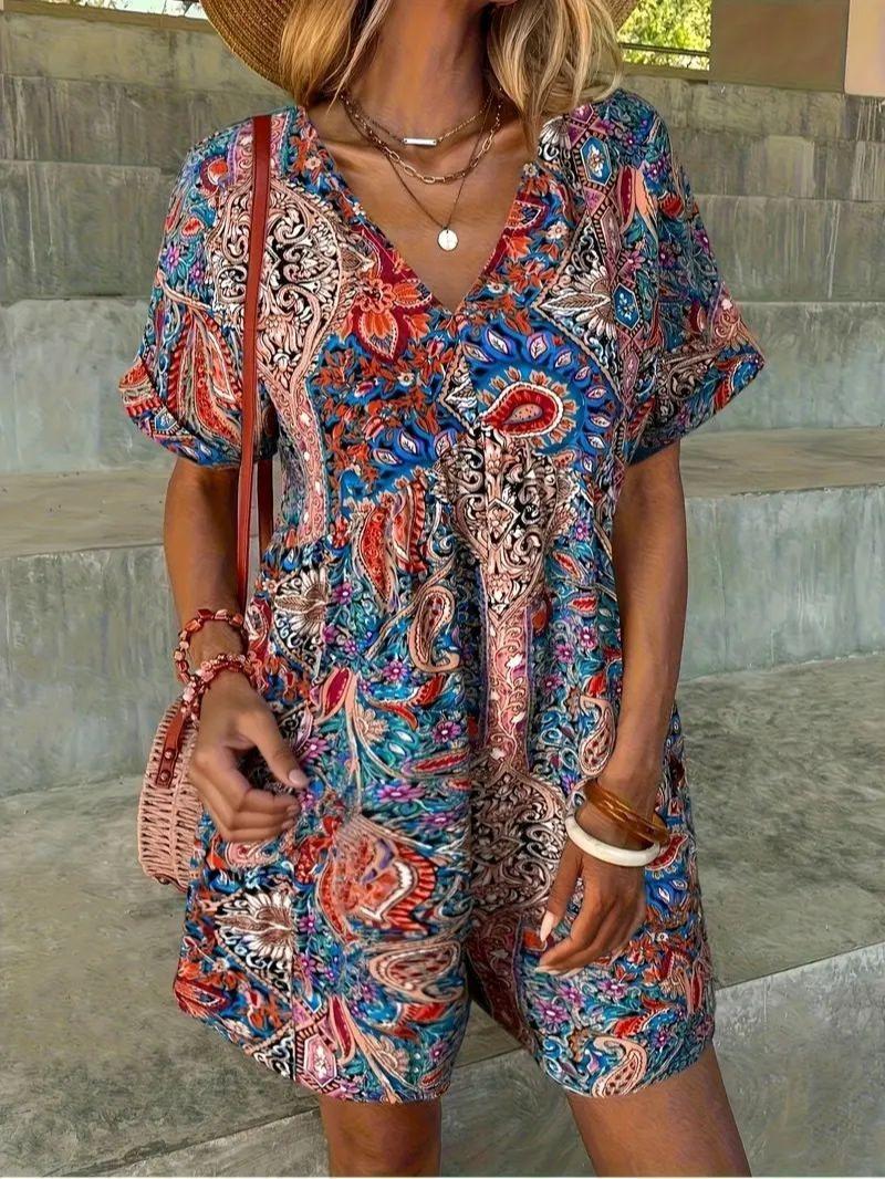 Womens Boho Floral Print Romper V-Neck Short Sleeve Casual Jumpsuit with Pockets Summer Beach Vacation Outfit Lightweight Flowy Playsuit Bohemian Ethnic Pattern One-Piece Resort Wear Casual Daily Fashion Polyester Womens Boho Floral Print Romper V-Neck Short Sleeve Casual Jumpsuit with Pockets Summer Beach Vacation Outfit Lightweight Flowy Playsuit Bohemian Ethnic Pattern One-Piece Resort Wear Casual Daily Fashion Polyester