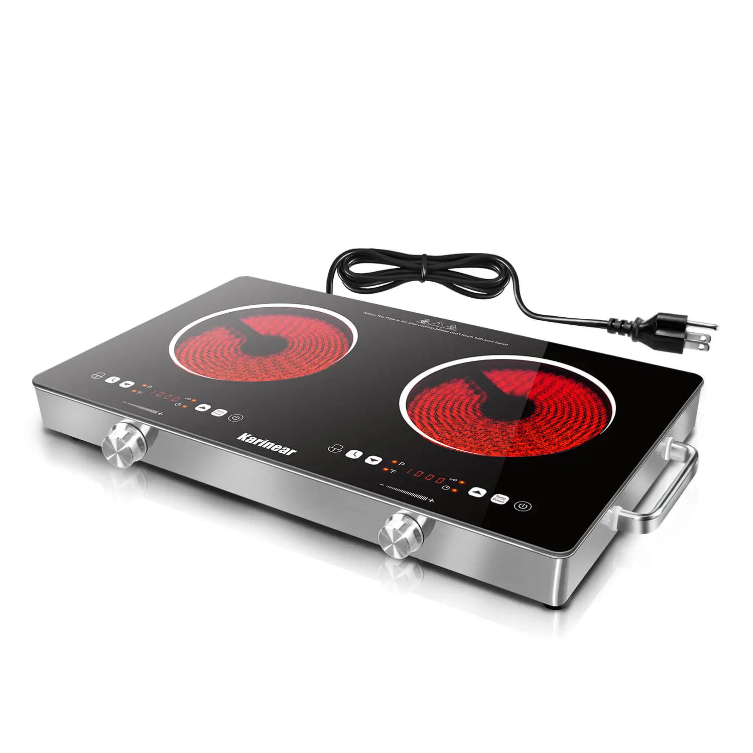 Karinear Portable Electric Stove top with Handle, 2000W Electric cooktop with child Safety Lock, Knobs & Touch Control Double Burner, 9 level adjusta