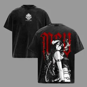 Men's Oversize Albedo Overlord Anime Short-Sleeve Double-Printed Vintage Washed Heavyweight Cotton Unisex T-Shirt, Shortsleeve