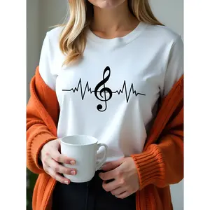 Music Note Graphic Tee for Women 180g Soft Cotton White Crew Neck Short Sleeve Comfy Loose Fit T Shirt with Musical Print Perfect for Casual Wear or Holiday Gifts Great for Spring Summer Wardrobe Essentials Plus size women
