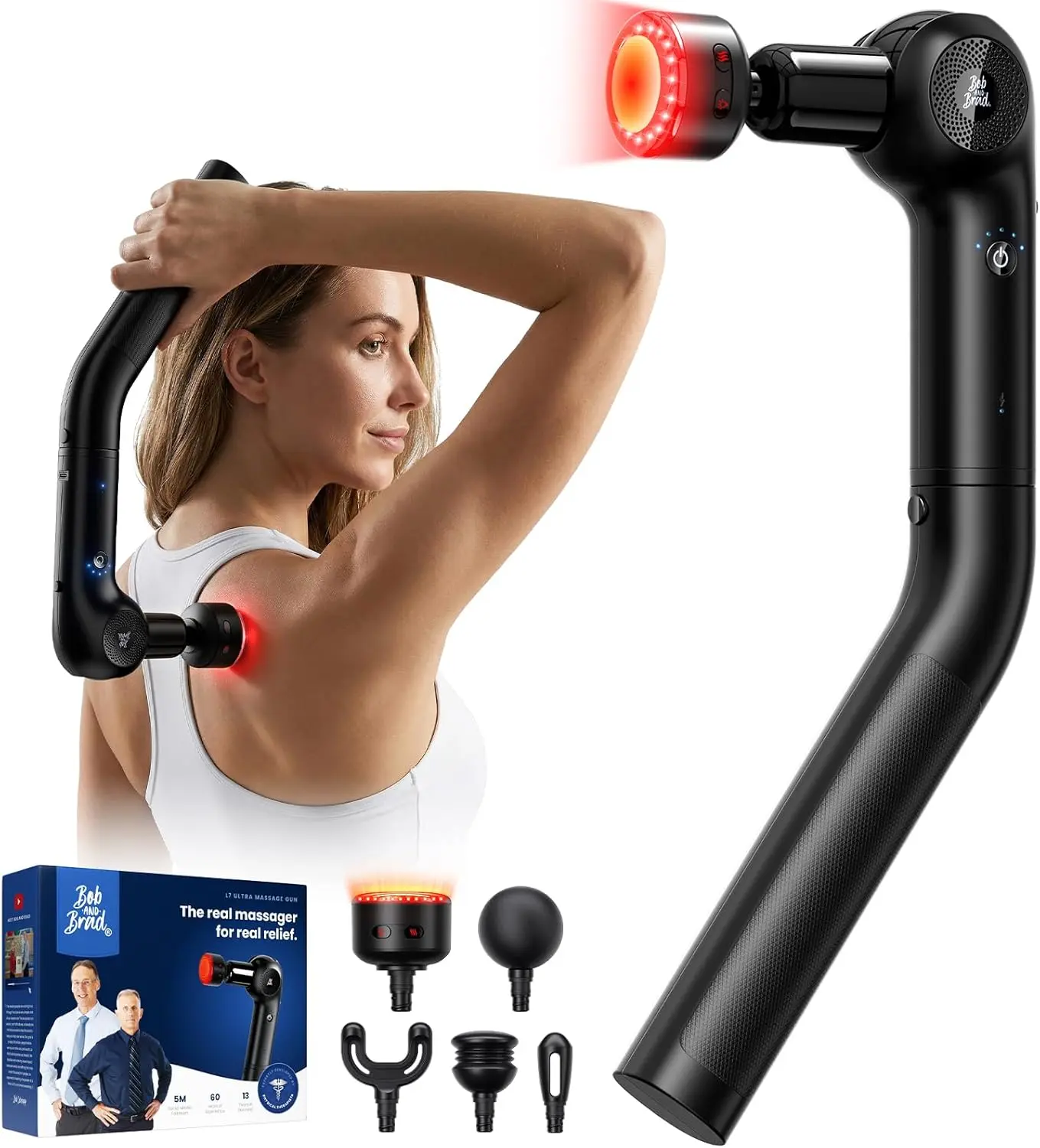 Bob and Brad L7 Ultra 2-in-1 Massage Gun with Heat, Red Light & Extension Handle, Adjustable Angles for Back