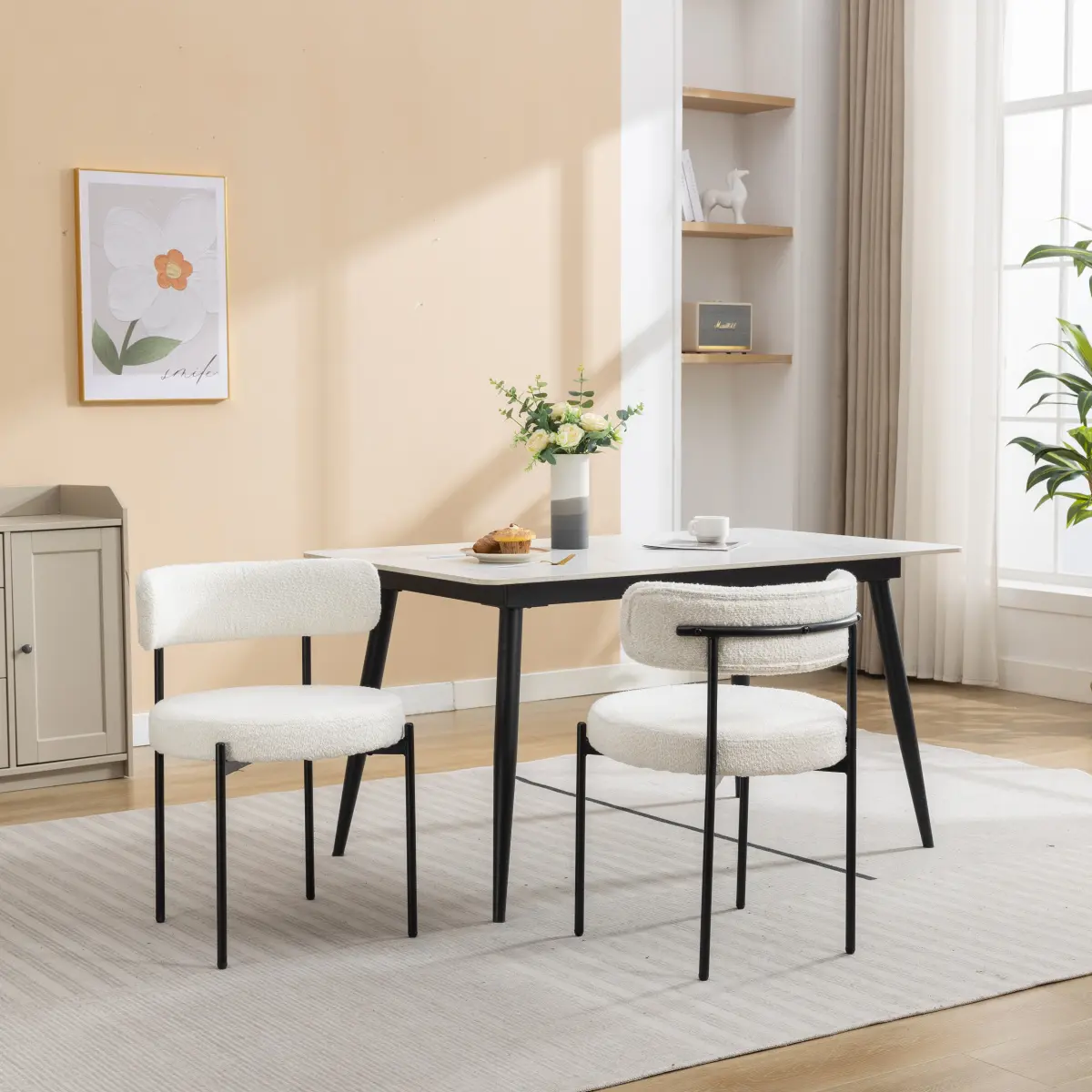 Set of 2 Minimalist Simple Burbank Modern Round Silhouette Boucle Looped Yarn Dining Chairs - Iron Legs, Breathable, Durable, Some Assembly Required, for Adults, White, 16.10 lbs, 20.25w x 20.25d x 29h in