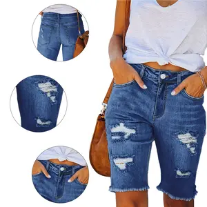 Vintage Dark Blue Distressed High-Waisted Denim Capris - Ripped Frayed Jean Shorts