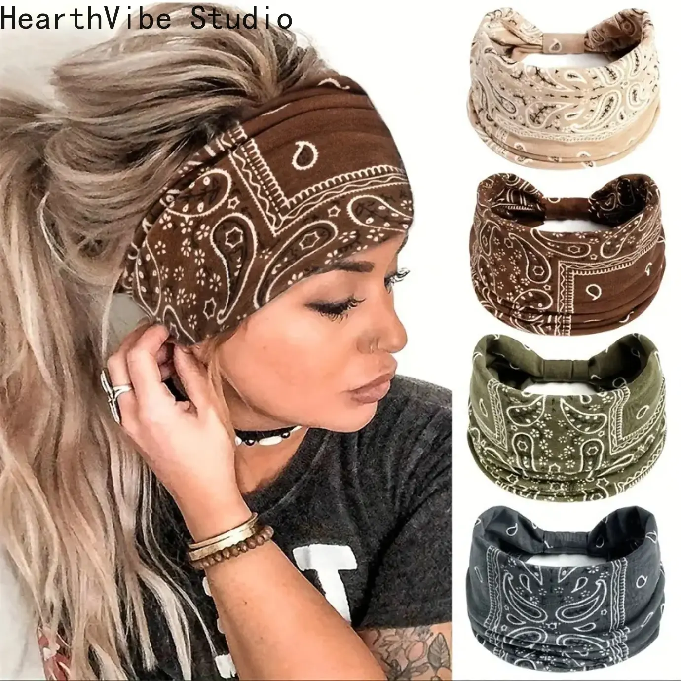 Women's 4-5 Pack Cashew Pattern Yoga Workout Headbands, Breathable Elastic Cotton Bohemian Sweatbands, Moisture-Wicking Athletic Casual Gym Headwear for Adult Fitness & Daily Use, Workout Headband, Casual Sports Headbands