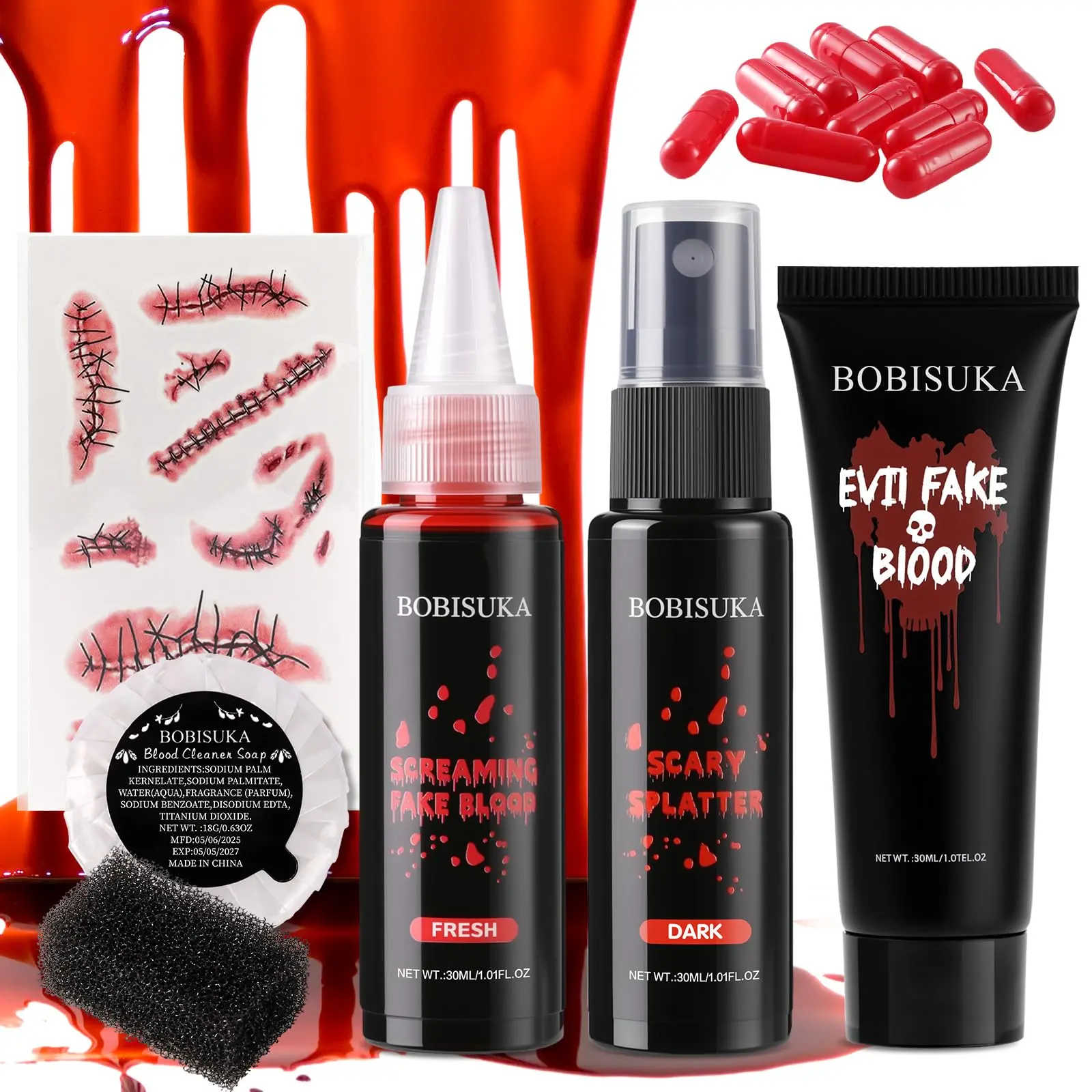 Halloween Makeup Fake Blood Kit- Washable Dark Spray + Fresh Dripping + Blood Thick Gel, Blood Capsule, Stipple Sponge & Soap, Realistic Scar Tattoo for SFX Zombie Clown Mouth Clothes