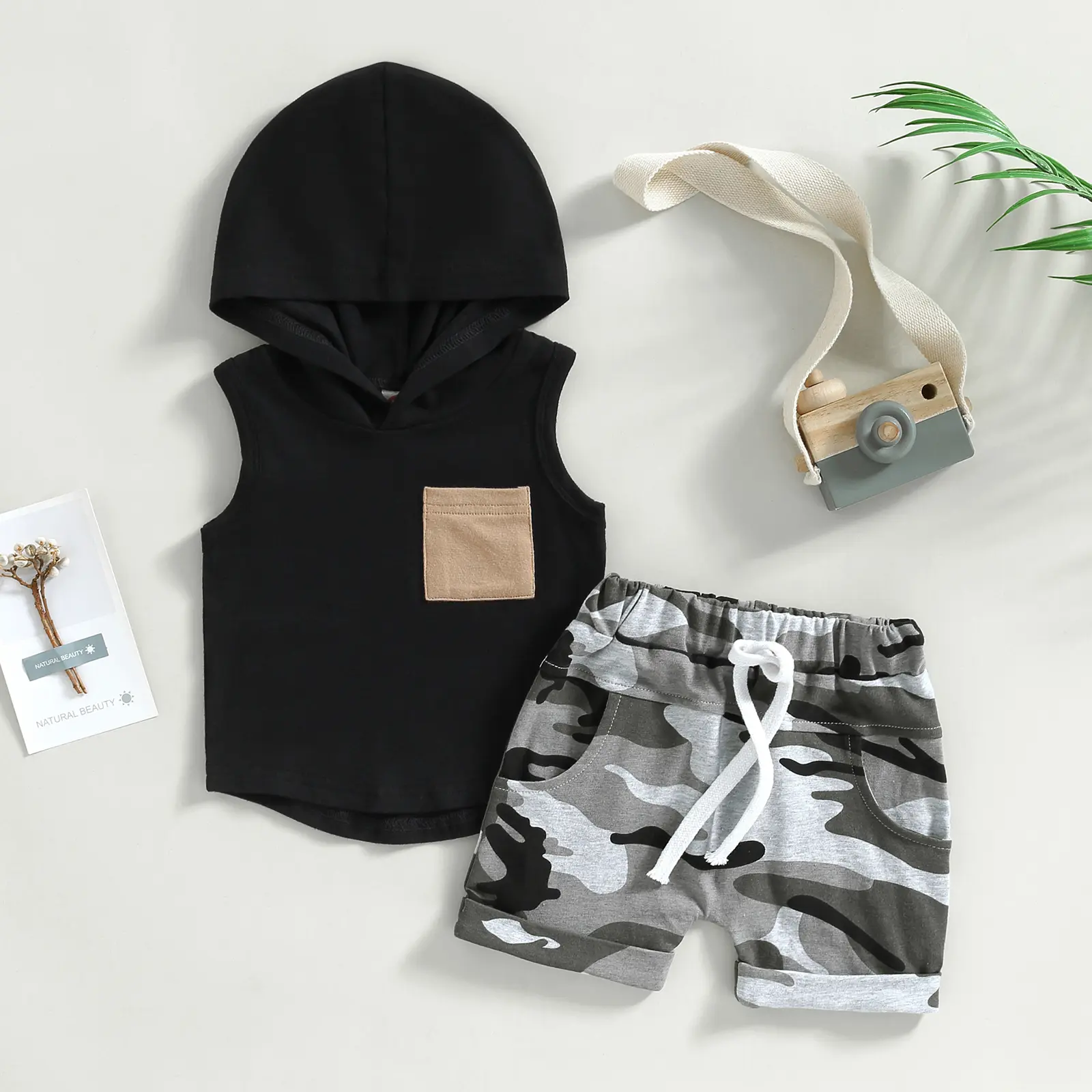 Infant Baby Boy Summer Clothes Outfits Pocket Hooded Sleeveless Tank Tops and Camouflage Elastic Waist Drawstring Shorts 2Pcs Suit