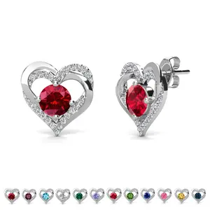 Forever 18k White Gold Plated Birthstone Double Heart Earrings with Simulated Diamond Crystals