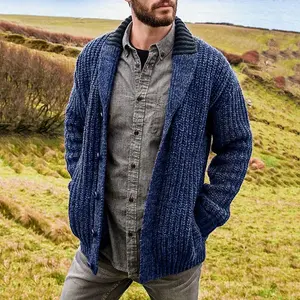 2025Men's Winter Cardigan Sweater Solid Shawl Collar Cardigan Sweater Button Down Cable Knitted Sweater Casual Coat Male's Clothing